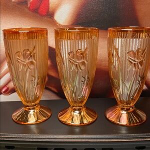 Iris & Herringbone Iridescent Marigold Carnival Glass Footed Tumblers Set of 3